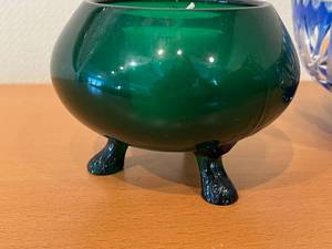 Blue Cut Glass Bowl, Green Glass Candle Holder