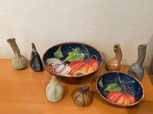 Fall Produce Serving Bowls with Gourd and Vase Clay Pottery