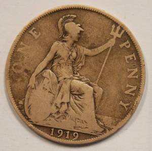 1919 King Georgivs V UK One Penny Bronze Large Coin Rare Find