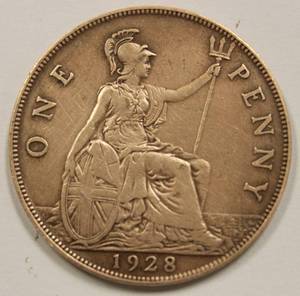 1928 King Georgivs V United Kingdom One Penny Bronze CoinRare Find