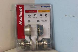 lot 37 image: NEW Kwikset Cove 690 Satin Nickel Keyed Entry Door Knob and Single Cylinder Deadbolt Combo Pack