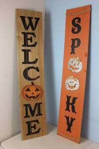 lot 156 image: NEW 2 Large Wood Outdoor Halloween Sign Decorations