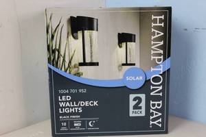 lot 79 image: NEW Hampton Bay 2-Light Black Solar LED Outdoor Wall Lantern with Glass