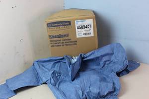 lot 180 image: Kimberly-Clark Kleenguard Chemical-Resistant Coveralls A60 45094 - Size XL - Blue Packaging shows weathering, coveralls appear fine