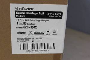 lot 193 image: MediChoice Gauze Roll Bandage, Sterile, 3.4 x 3.6-yd (8.6 cm x 3.3 m), 6-Ply, GZBN2002 (Case of 96)