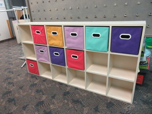 lot 101 image: STORAGE CUBBY WITH COLORFUL BINS