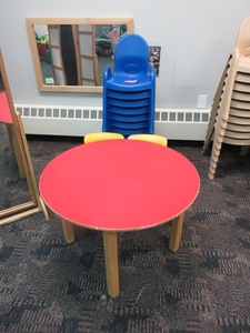lot 116 image: CHILDS PLAY TABLE WITH BLUE AND YELLOW CHAIRS