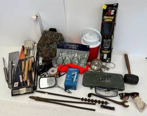 lot 37 image: Large Group Of Misc. Vintage Camping Items And Tools (Including Vintage Ford Model T Hex Wrench)