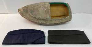 lot 47 image: Vintage Fiberglass Pond Boat And Military Hats