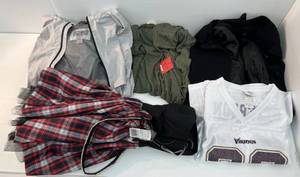 lot 70 image: Group Of Misc. Clothes Including Peterson Jersey M , Checkered Skirt Dress L New With Tags, Green Jacket M,  Jackets And More (Jackets 1 Black L 1Grey Xl