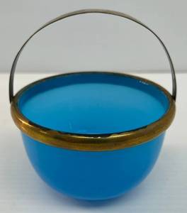 lot 77 image: Antique Opaline Glass Bowl With Ornate Brass Handle 3 18 x 4 34
