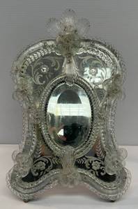 lot 83 image: Antique Venetian Ornate Etched Glass VanityTable Mirror 18 T x 11 W (Some Fogging To Back Of Mirror)