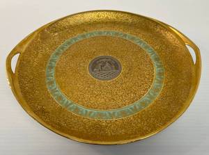 lot 103 image: LEM 8 By Le Mieux 24 Karat Gold Incrusted Platinum Porcelain  Handled Cake Plate, Bohemia Made In Czechoslovakia Empire 12 x 11