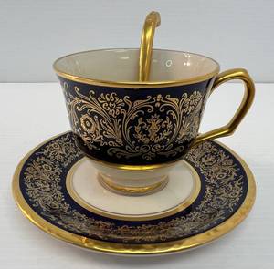 lot 120 image: Vintage Pickard Tiara Royale Flat Cup And Saucer &  Vintage Mayonnaise Spoon Gold Tone Porcelain With Decorative Handle