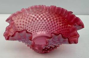 lot 125 image: Vintage Large Cranberry Glass Crimped Ruffle Edge Bowl (Cracks On Bottom)
