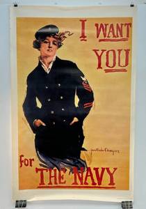 lot 150 image: 1973 U.S. Government Poster I Want You For The Navy ) 24x 37 12 (Light Water Stains, Small Rip At Top)