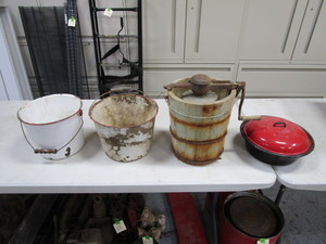 Vintage Ice Cream Machine & Enamel Buckets