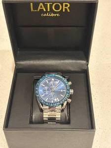 lot 20 image: Brand New Lator Calibre Blue Bezel Chrono Watch $816 Retail