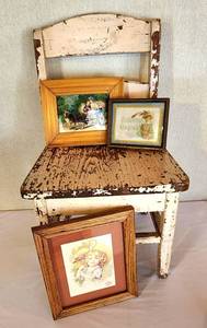 lot 210 image: Distressed Childs Chair plus Framed Photo Grouping