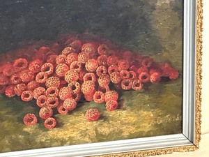 lot 19 image: Beautiful Vintage Original Still Life Painting Featuring a Bunch of Raspberries