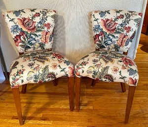 lot 66 image: Set of Three Vintage Floral Upholstered Chairs with Wooden Frames