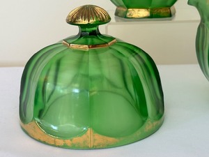 lot 73 image: Antique Green Glass Creamer, Sugar Bowl and Butter Dome