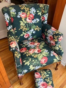 lot 85 image: Vintage Floral Upholstered Armchair with Matching Footrest
