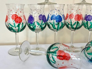 lot 86 image: Set of Ten Floral Painted Glass Wine Stems