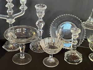 lot 110 image: Variety Glassware including Candleholders, Covered Crystal Candy Dish and More