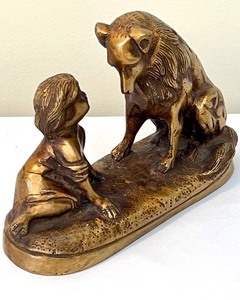 lot 116 image: Vintage Cant you Talk  Brass Figurine of a Child and Her Dog
