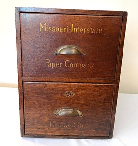 lot 121 image: Vintage Two Drawer Wooden Filing Cabinet - Missouri Paper Company Two Drawer Filing Cabinet