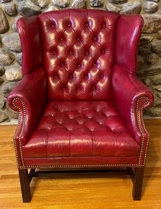 lot 11 image: Gorgeous Vintage Dark Red Leather Armchair with Ottoman by Distinction Furniture Company