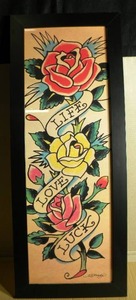 lot 9 image: Life - Love - Luck w Roses Framed Print by Ed Hardy - 16 x 40