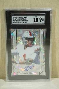 lot 50 image: 2021 Leaf Metal Draft Justin Fields #PA-JF1 Portrait Auto Silver Crystal Rookie Football Card - SGC 9 - 3350