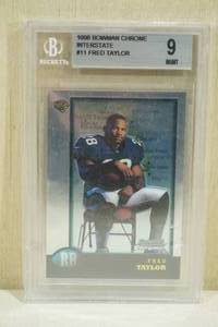 lot 68 image: 1998 Bowman Chrome Fred Taylor #11 Interstate Rookie Football Card - Beckett 9