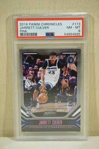 lot 90 image: 2019 Panini Chronicles Jarrett Culver #173 Pink Rookie Basketball Card - PSA 8