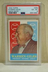 lot 128 image: 1959 Topps Warren Giles #200 White Back Baseball Card - PSA 6