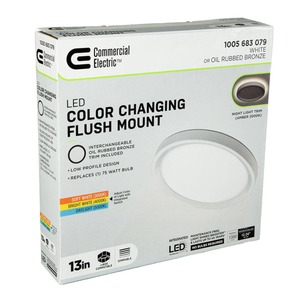 13 in. Color Selectable LED Flush Mount with Night Light Feature Optional White and Oil Rubbed Bronze Trim Rings