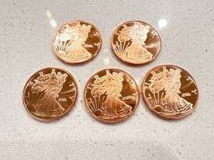 Lot of 5 Investment Grade 1oz Copper Rounds