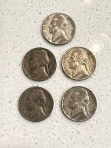 Lot of 5 Jefferson War Nickels (35% Silver)