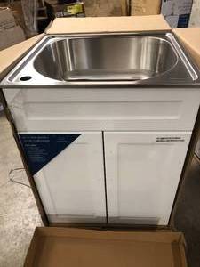 lot 36 image: Glacier Bay  All-in-One Stainless Steel 24 in Laundry Sink with Faucet and Storage Cabinet in White Customer returns Review all pictures