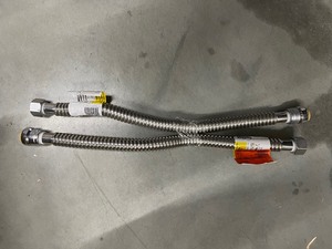 lot 74 image: 2 New Sharkbite 1 in. Push-to-Connect x 1 in. FIP x 24 in. Corrugated Stainless Steel Water Softener Connector
