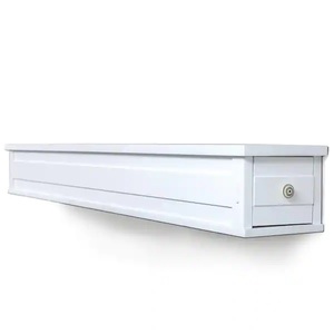 lot 92 image: Ashley 72 in. L x 10 in. W Wood Grain Cap-Shelf Mantel with Hidden Drawer in White
