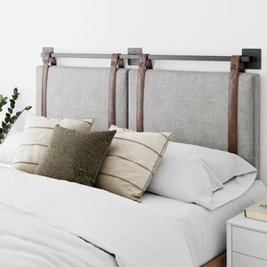 lot 100 image: Nathan James  Harlow 62 in. Queen Wall Mount Gray Upholstered Headboard Adjustable Brown Straps and Black Metal Rail