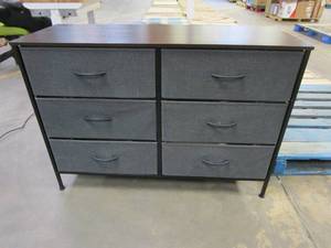 lot 300 image: 42 in 6 Drawer Dresser with Fabric Drawers & Wooden Top (OUT OF BOX, ONE DRAWER HAS SMALL TEAR INSIDE)