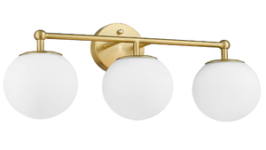 lot 403 image: AKEZON Gold Vanity Light for Bathroom, Modern Bathroom Light Fixtures Over Mirror 3-Light with Milky Glass Globe Shade, KW-7308-3 (OPEN BOX)