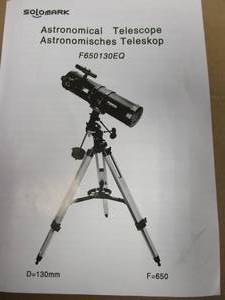 lot 455 image: Solomark Astronomical Telescope - F650130EQ (APETURE IS DENTED IN A COUPLE PLACES, NOT IN ORIGINAL PACKAGING, APPEARS TO BE COMPLETE)