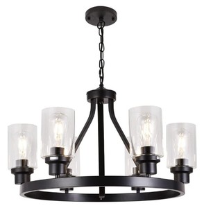lot 465 image: HCCZ 6-Light Farmhouse Chandelier Wagon Wheel Pendant Light Fixtures for Dining Room Living Room Island Kitchen Foyer Bedroom, Modern Black Industrial Rustic Adjustable Height Metal E26 Base - SOLD AS IS