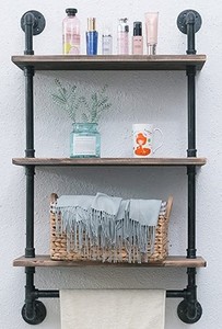 lot 496 image: Iron Pipe Shelves Industrial Bathroom Shelves with Towel bar, 24in Rustic Metal Pipe Floating Shelves Pipe Wall Shelf, 3 Tier Industrial Shelf Wall Mounted, Retro Brown. Approximate Dimensions 41.73H x 24L x 9.84D - SOLD AS IS