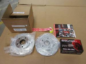 lot 502 image: POWERSTOP Set of Right and Left Rotors and Carbon Fiber Brake Pads - Vehicles they will fit - Unknown, Model Numbers in Photos, SOLD AS IS